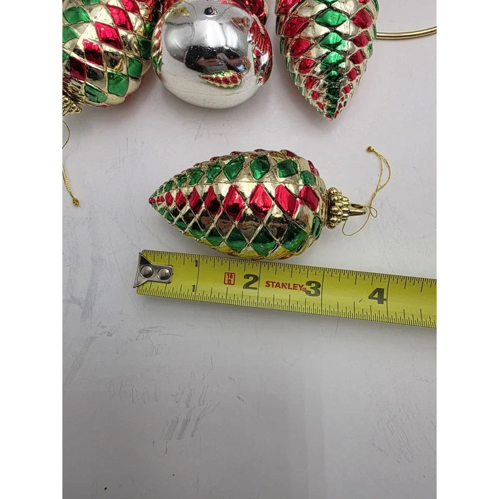 VTG Christmas Ornaments Lot 7Santa Snowman Pine Cone Red Green Gold Holiday